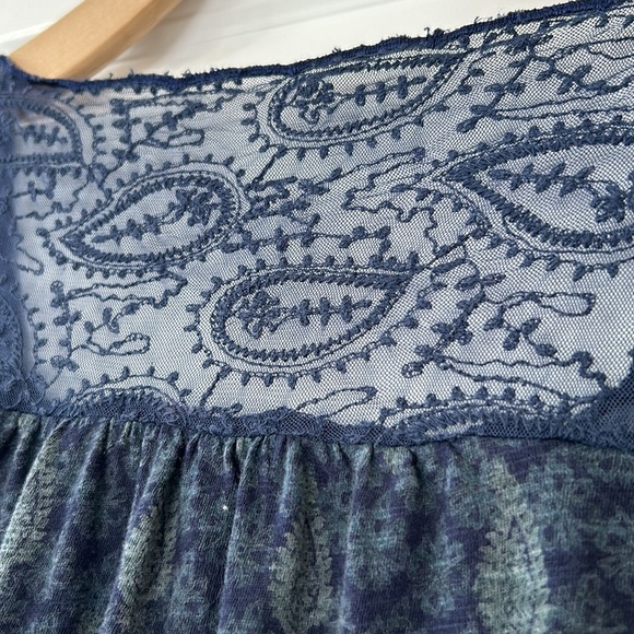 Lucky Brand Peasant Blouse w Sheer Mesh Lace Bodice & Sleeves Navy  & Sage Green - Picture 10 of 10